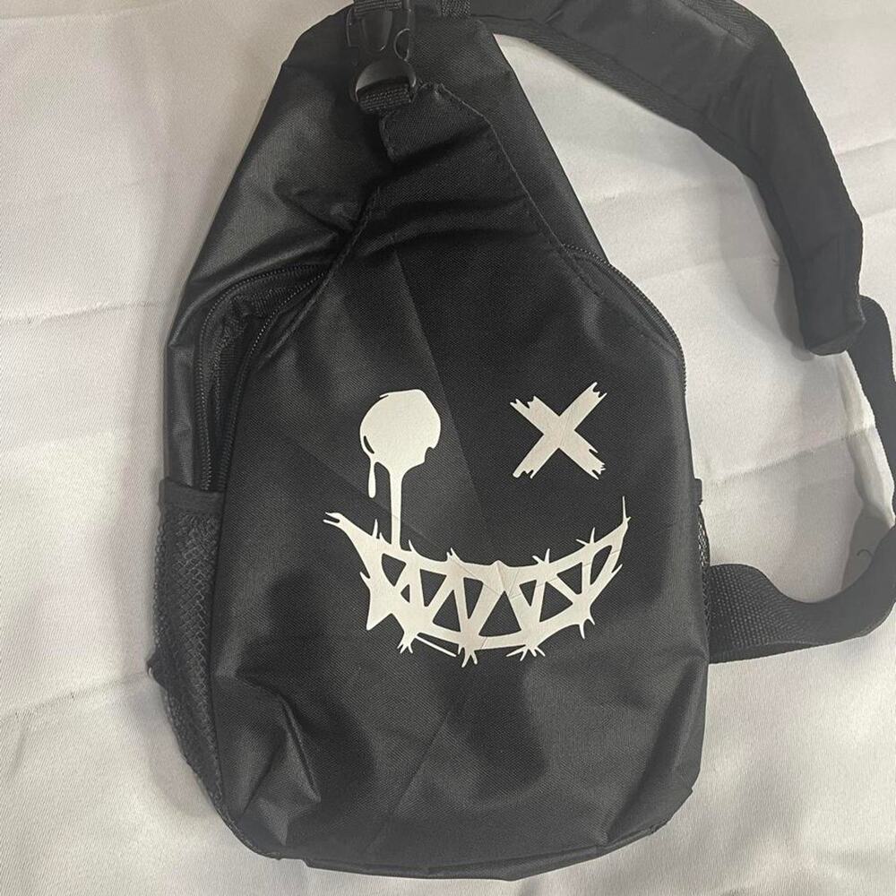 Balck Crossbody Chest Sling Bag White Smiley Face Graphic Adjustable Strap